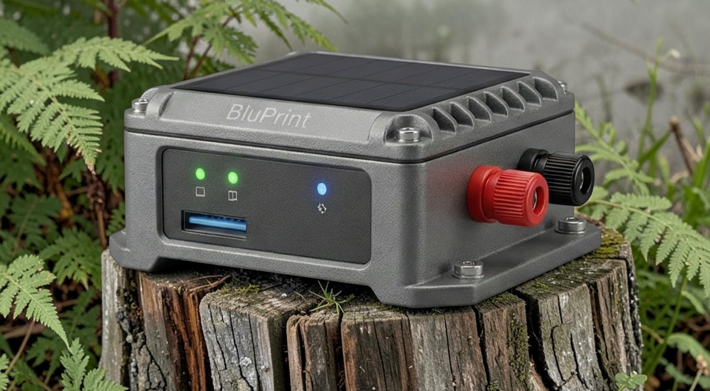 SriWatt device on a stump among ferns