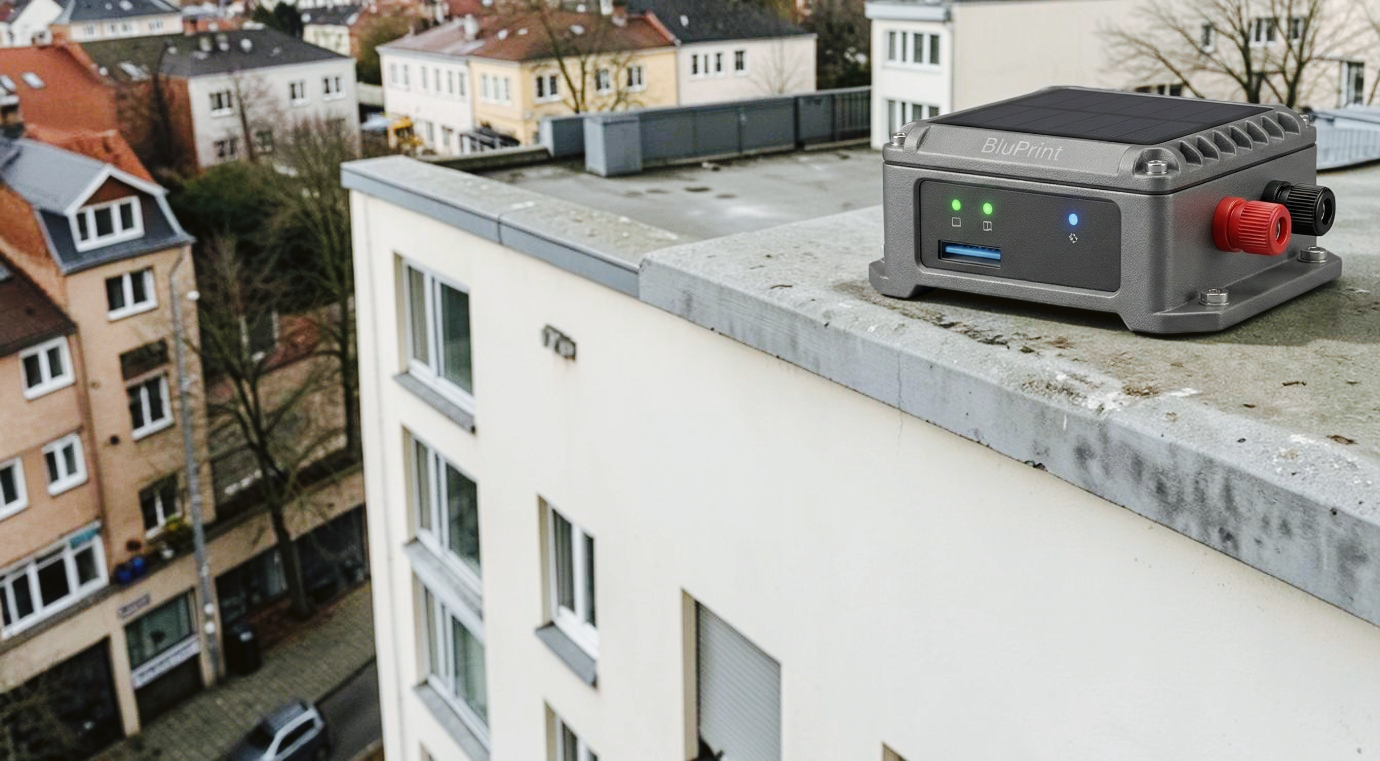 SriWatt device on a German building rooftop overlooking the town